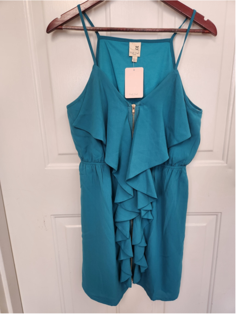 Pink Owl Teal Ruffle Mini Dress Size L
